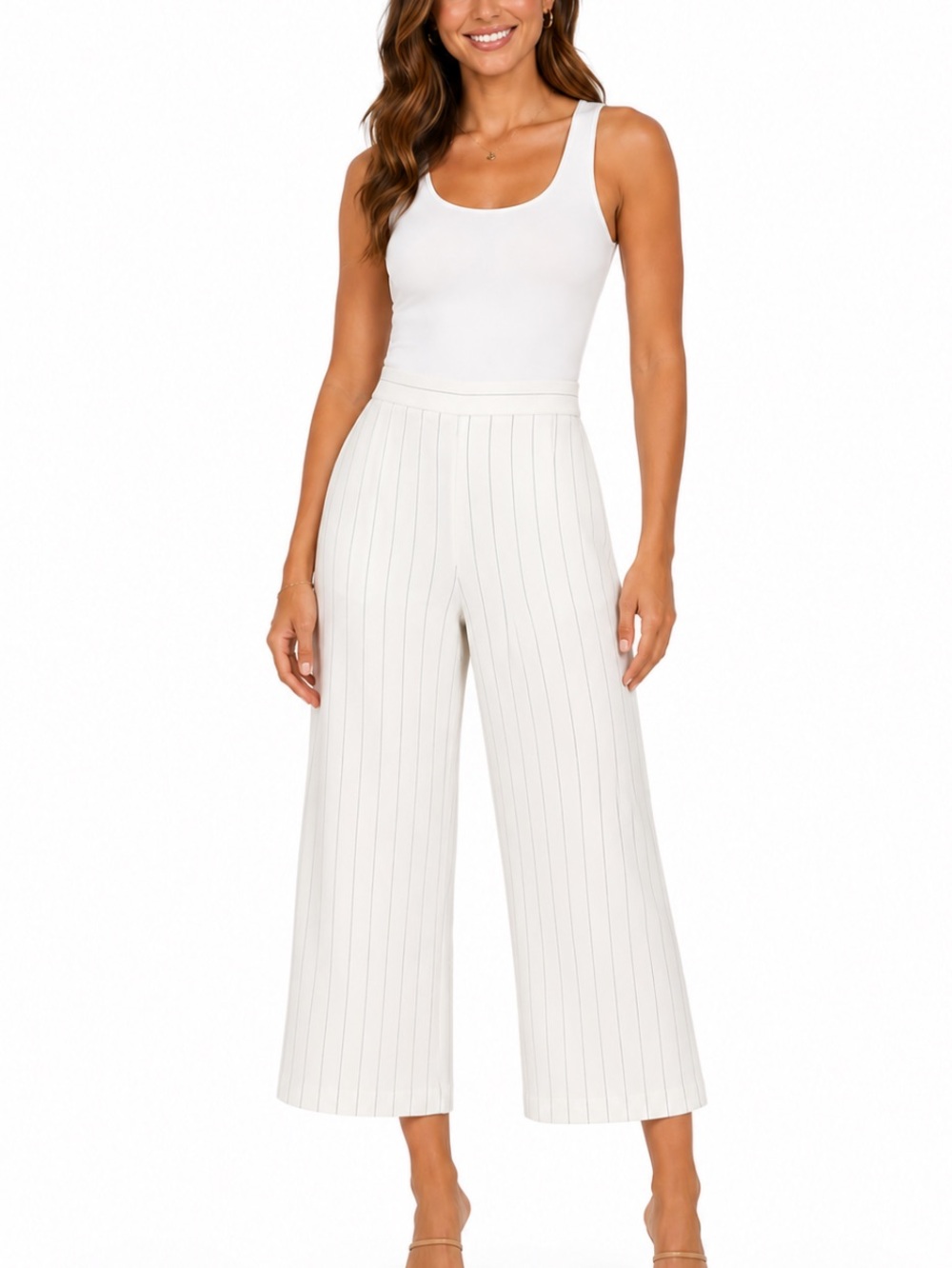 JONES NEW YORK White Pin Striped Wide-Leg Cropped Pants M